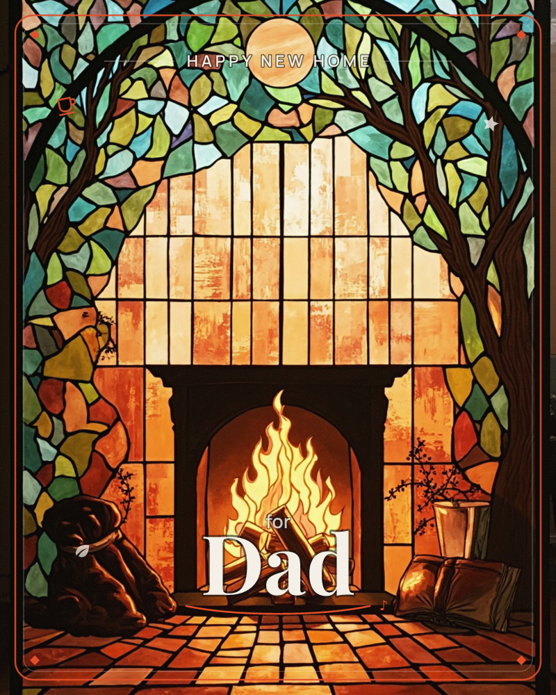 A stained-glass style illustration shows a glowing fireplace framed by an archway of leaded leaves and branches, with a pale moon set high in the glass…, a new home e-card design