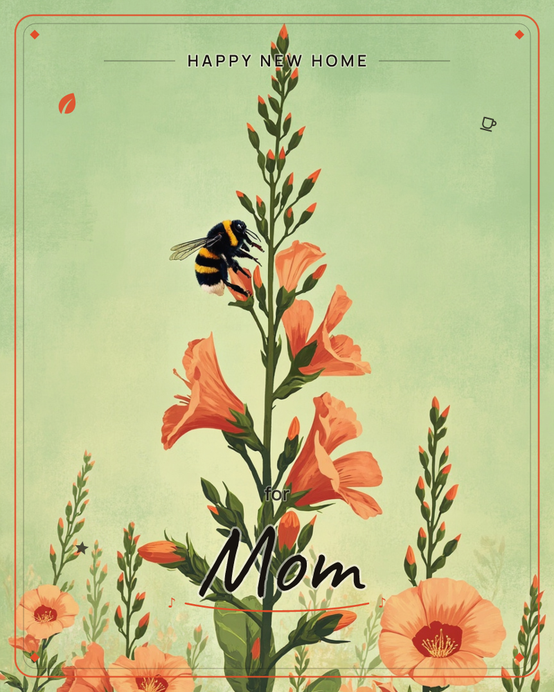 A tall spike of coral-orange trumpet flowers rises against a soft sage-green backdrop, with a fuzzy striped bumblebee perched mid-stem gathering pollen, a new home e-card design