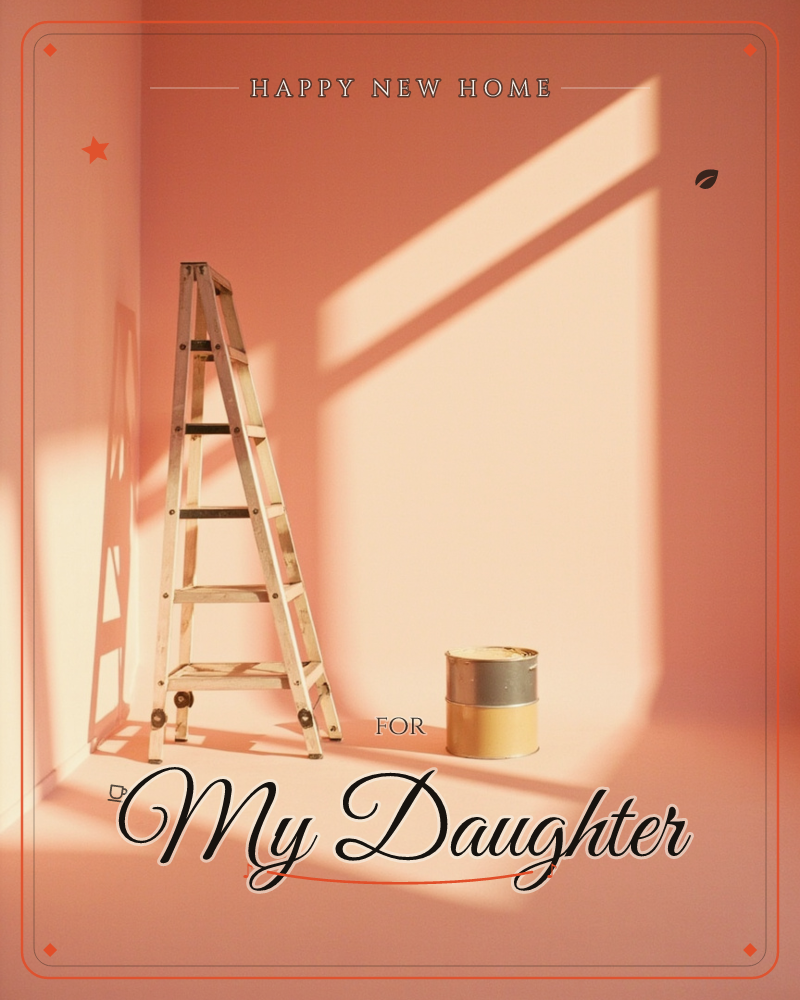 A wooden stepladder stands folded against a terracotta-pink wall, its shadow stretching sharply beside it in a shaft of afternoon light, a new home e-card design