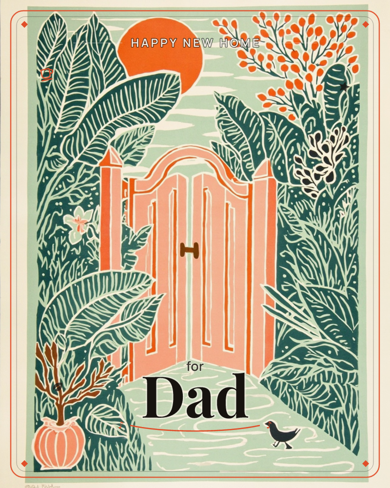 A coral-pink garden gate stands closed at the end of a stone path, framed by dense banana leaves and berry-laden branches under a bold orange sun, a new home e-card design