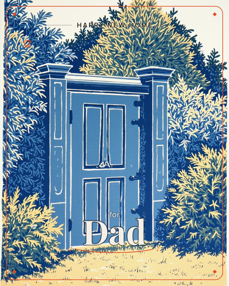A panelled blue door stands framed by stone pilasters, set into a dense hedge of dark leaves and pale gold fronds, a new home e-card design