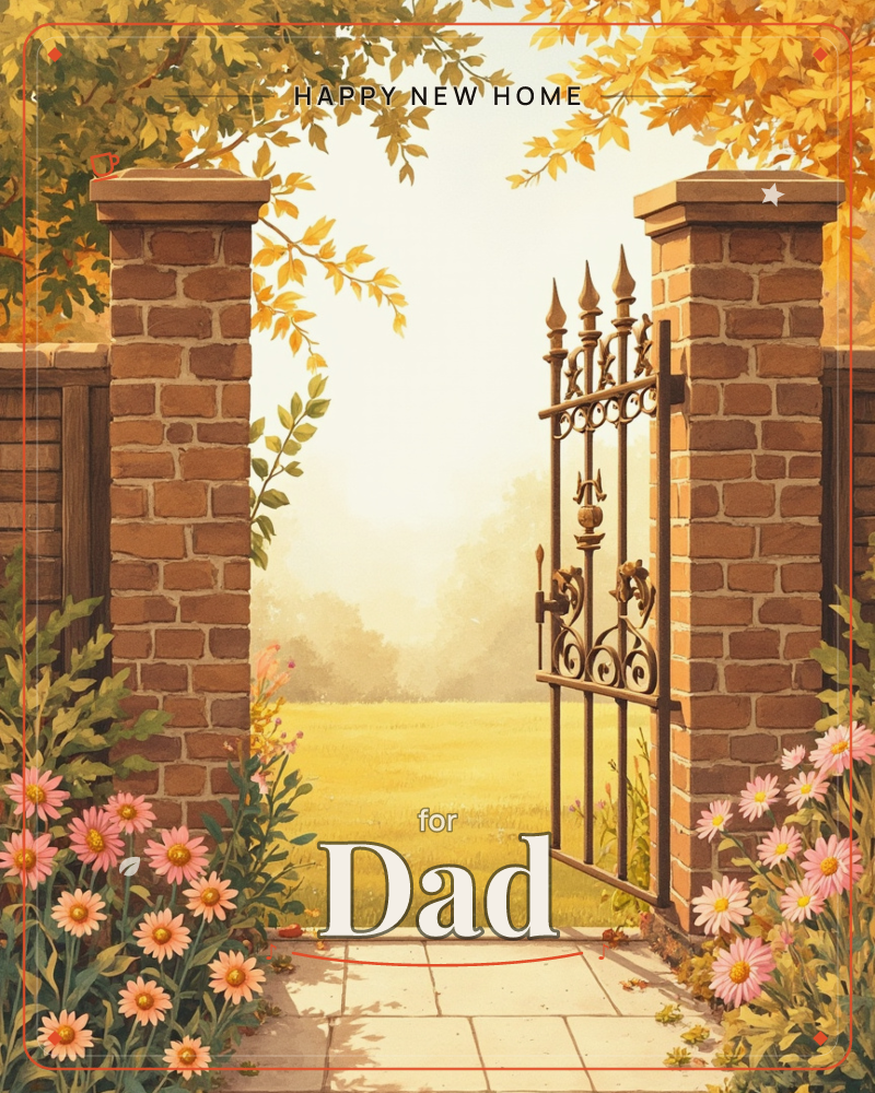 A wrought-iron garden gate stands open between two brick pillars, framed by overhanging autumn leaves and pink daisies spilling from either side, a new home e-card design