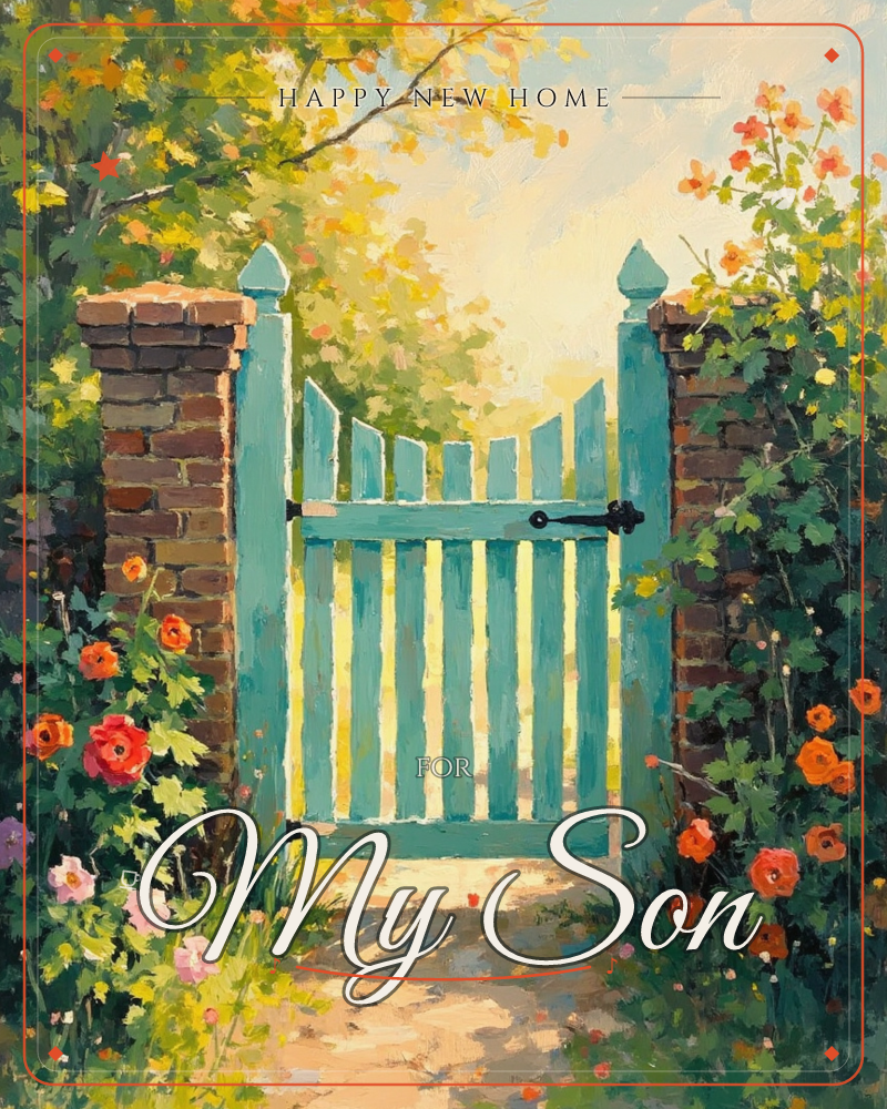 A weathered teal picket gate stands open between brick pillars, framed by orange poppies and climbing roses on either side, a new home e-card design