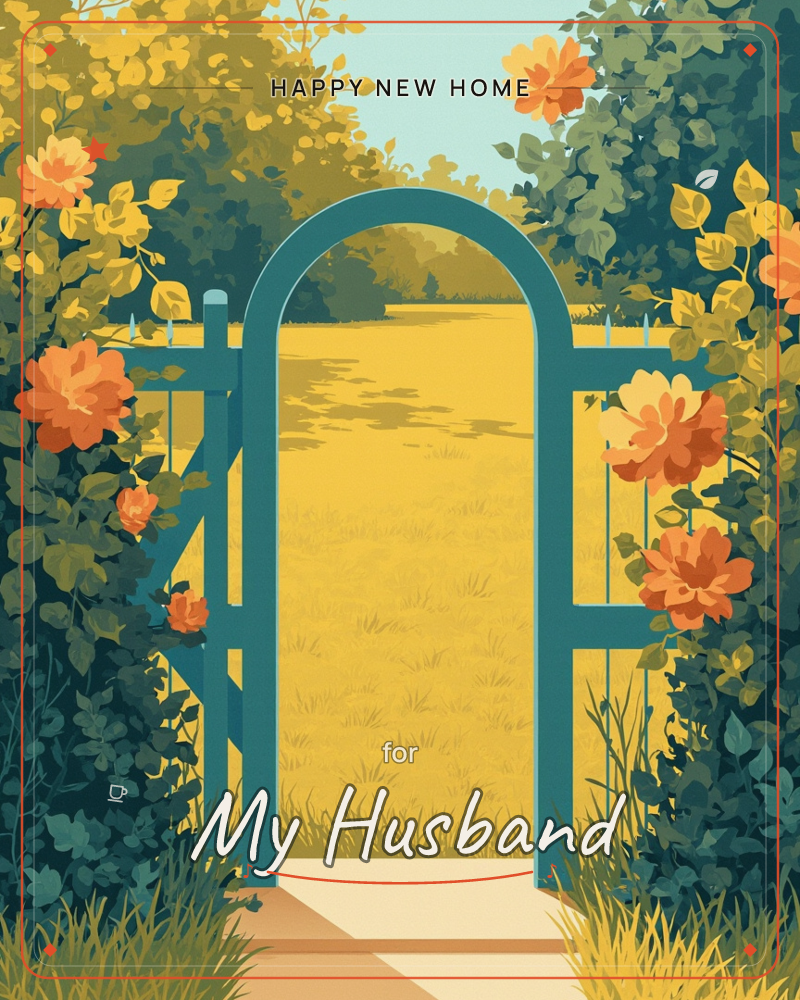An arched teal garden gate stands open onto a golden meadow beyond, framed by lush hedges heavy with orange and yellow roses, a new home e-card design