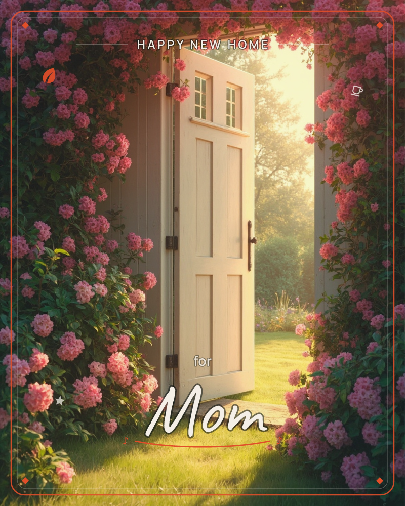 A white paneled door stands open in a wall smothered with climbing pink roses, revealing a sunlit garden and misty trees beyond, a new home e-card design