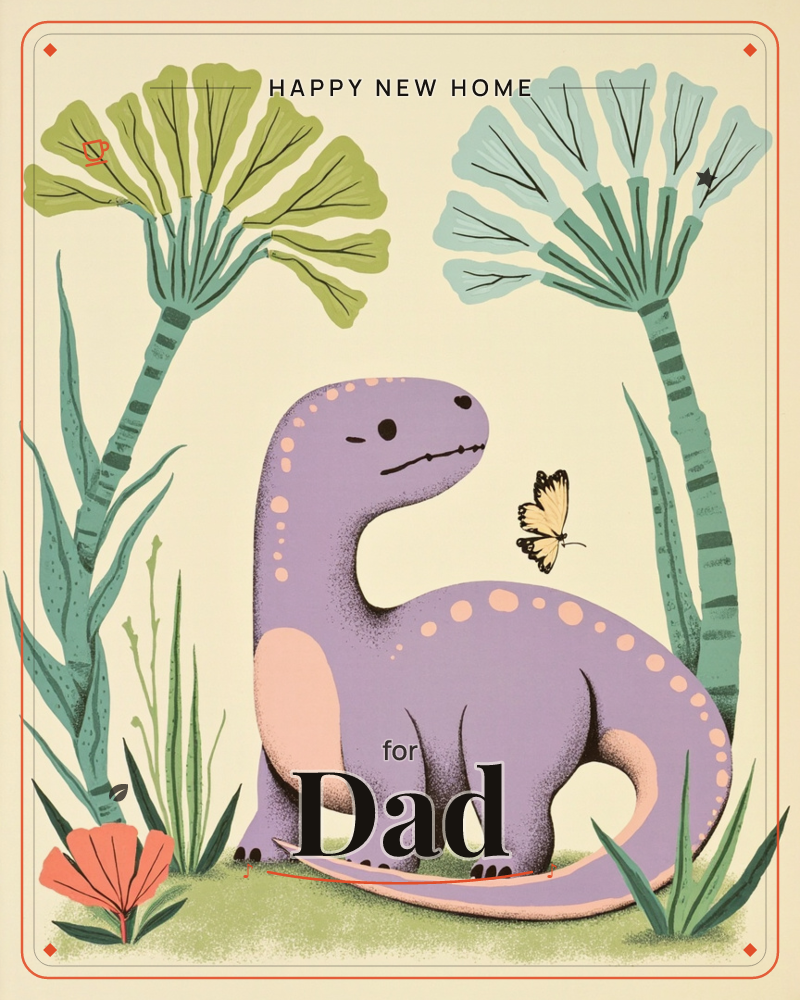 A gentle purple long-necked dinosaur stands among tall fan-topped prehistoric palms and spiky green fronds, gazing curiously at a small yellow…, a new home e-card design