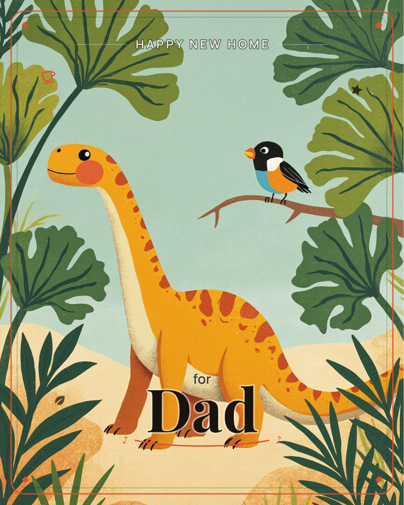 A friendly orange long-necked dinosaur with rust-coloured spots stands among sandy dunes, smiling up at a small black, white and blue bird perched on a…, a new home e-card design