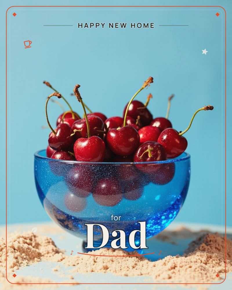 A sparkling blue glass bowl sits piled high with glossy dark red cherries, their curling stems reaching upward against a flat sky-blue backdrop, a new home e-card design
