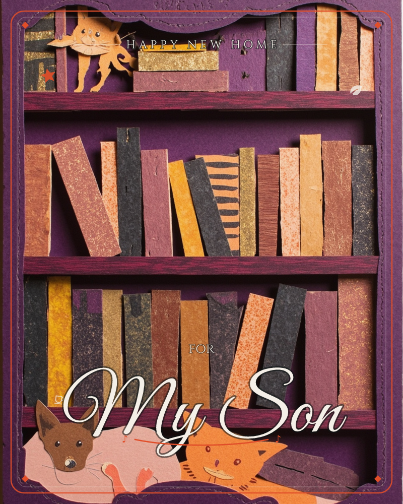 A cut-paper bookshelf fills the frame, its three shelves crammed with textured spines in rust, gold and charcoal paper, set against a deep purple backdrop, a new home e-card design