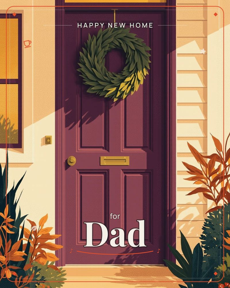 A panelled front door in deep plum sits beneath warm afternoon light, a green leafy wreath hung above its brass letterbox and knob, a new home e-card design