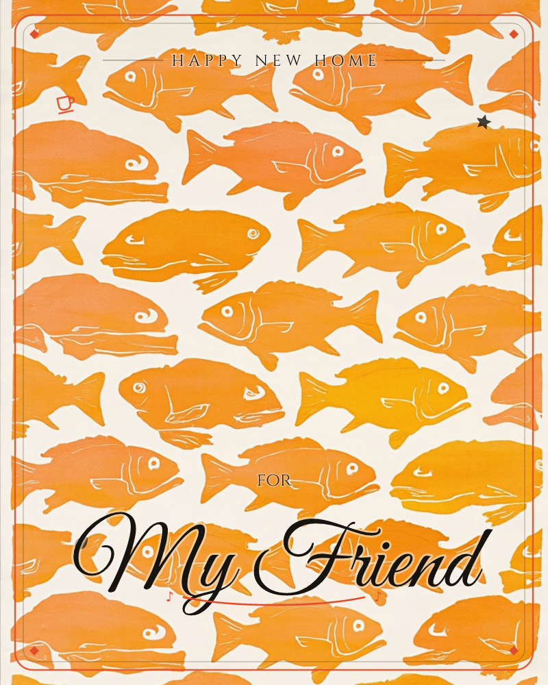 A dense school of fish fills the page, each one a bold silhouette in shades of orange and gold with simple white line details for eyes, gills and fins, a new home e-card design