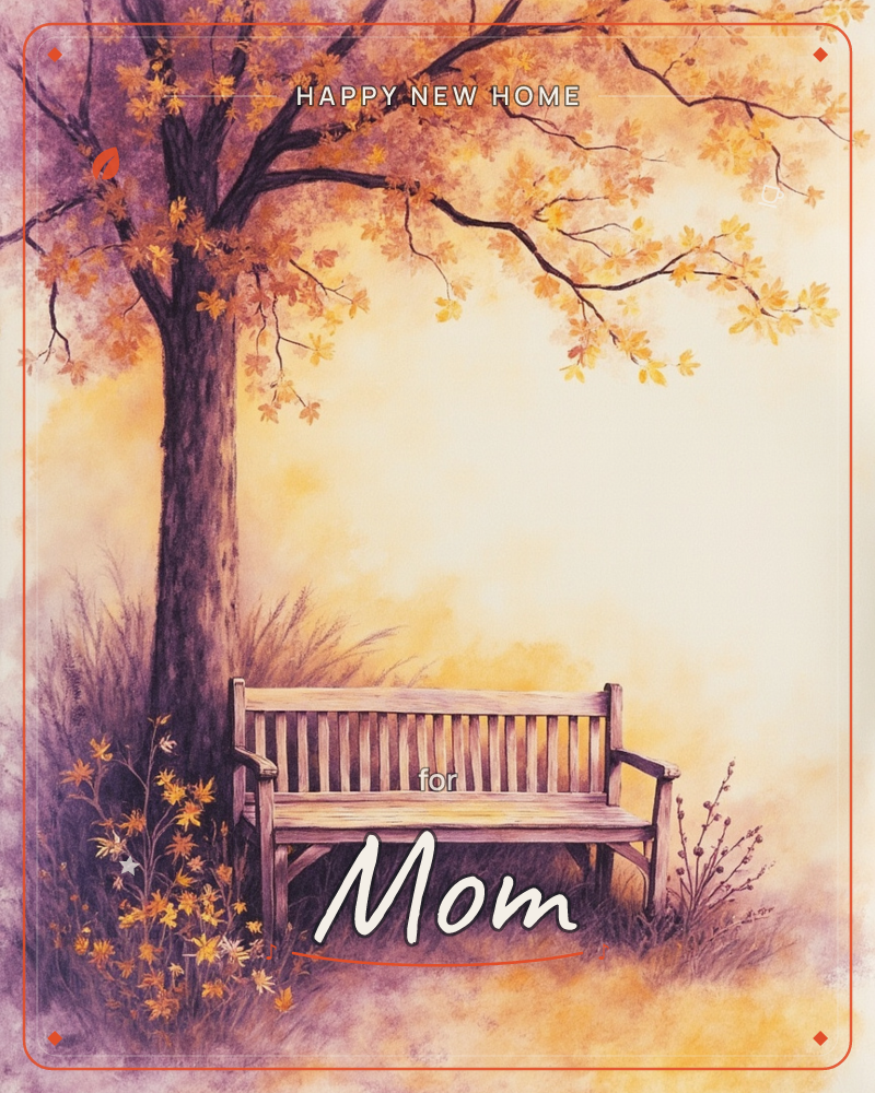 An empty wooden bench sits beneath a large autumn tree, its branches heavy with gold and amber leaves drifting against a hazy, glowing sky, a new home e-card design