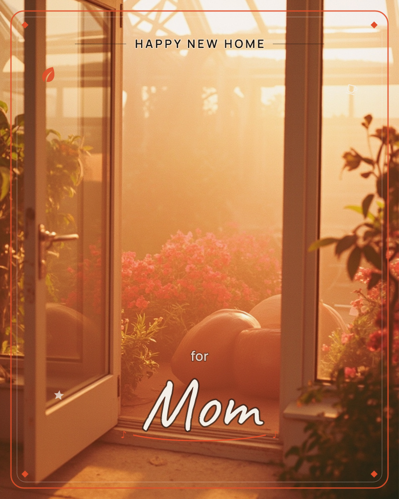 An open glass door leads into a sunlit conservatory glowing amber with late afternoon light, pink flowering shrubs spilling around the threshold, a new home e-card design