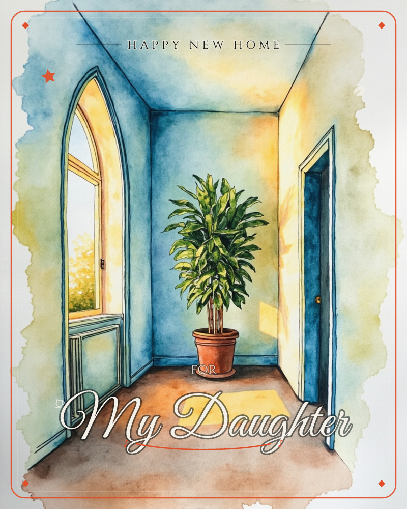 A quiet hallway corner glows with warm golden light spilling through an arched window, catching the wall in soft amber patches, a new home e-card design