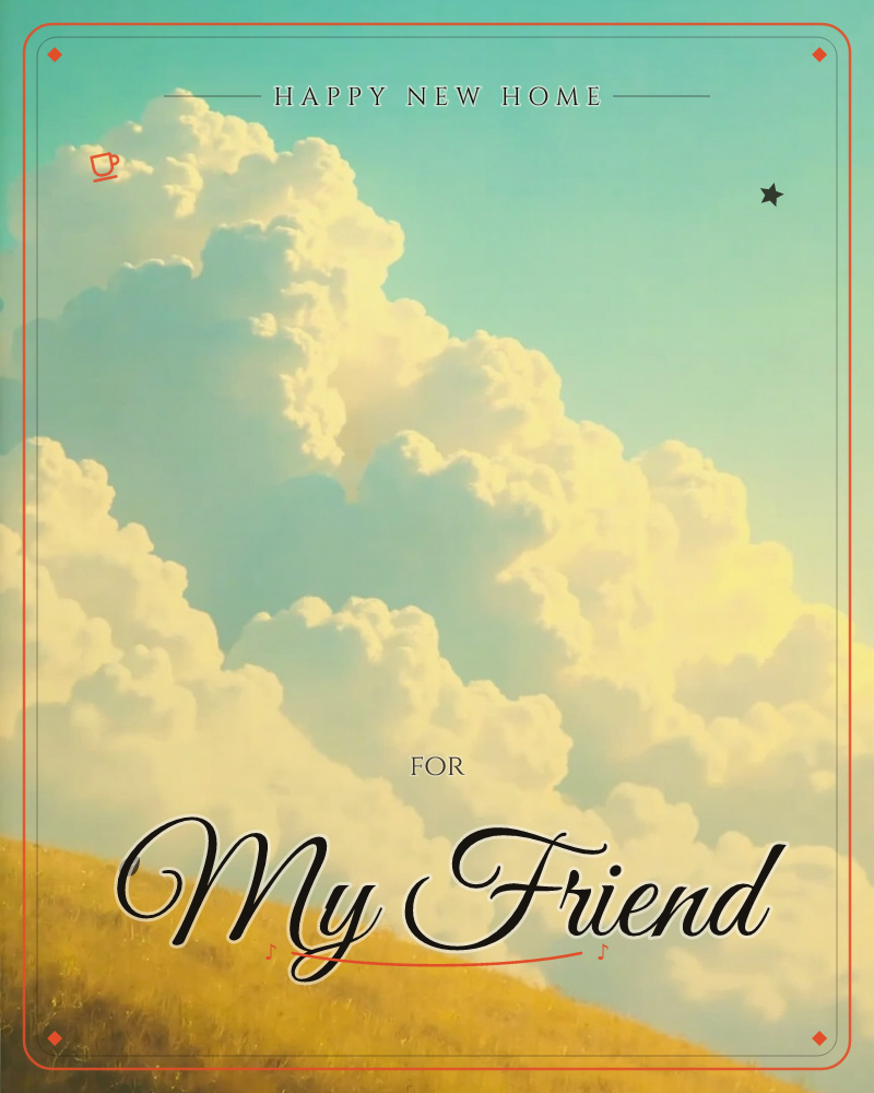 A towering cumulus cloud billows above a golden grassy hill, its edges lit warm and creamy against a cool teal sky, a new home e-card design