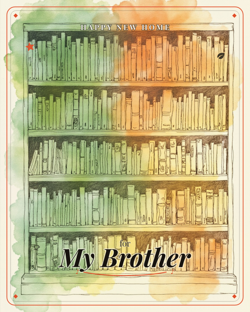 A tall bookshelf fills the page, five crowded shelves of books drawn in fine pen-and-ink line work and washed with loose watercolour in green and amber, a new home e-card design