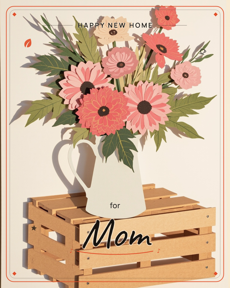 A white ceramic pitcher overflows with a layered paper-cut bouquet of daisies and gerberas in shades of coral, pink and cream, set atop a rustic wooden…, a new home e-card design