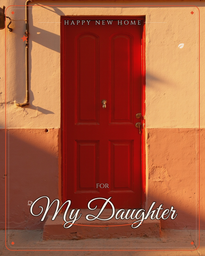 A weathered red wooden door with four raised panels sits in a warm terracotta-and-cream stucco wall, catching the low glow of late afternoon sun, a new home e-card design