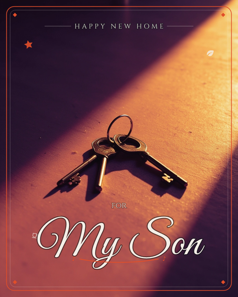 A photograph of two old-fashioned keys on a ring, resting on a wooden surface caught in a sharp diagonal beam of golden evening light, a new home e-card design