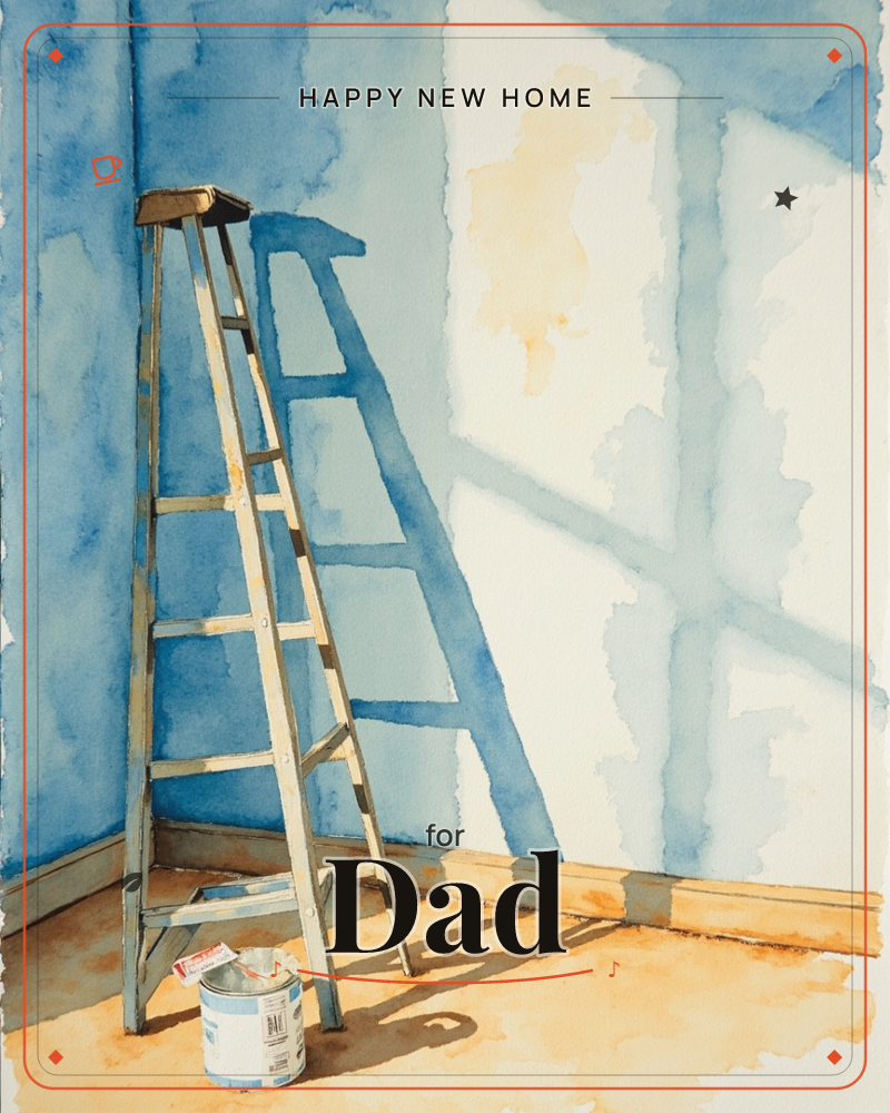 A wooden step ladder stands alone in a bare room, its long shadow slanting across a wall washed in pale blue watercolour, a new home e-card design