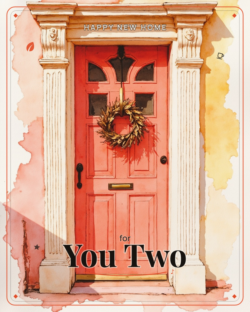 A watercolour painting of a coral-red front door framed by white stone columns and a carved lintel, with a golden wreath of dried leaves hanging from a…, a new home e-card design