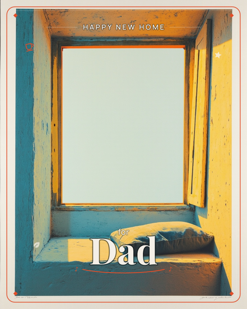 An open window set into a thick, weathered wall, its wooden shutter folded back and a single cushion resting on the stone sill, a new home e-card design