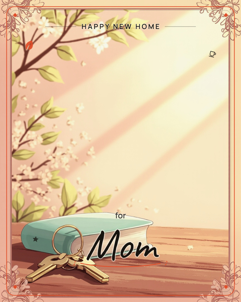 A soft mint-covered book rests on a warm wooden surface with a set of brass keys curled beside it, while a blossoming branch stretches across the…, a new home e-card design