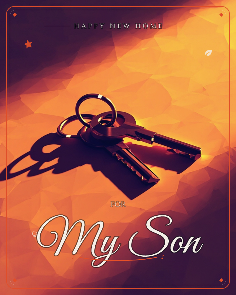 A pair of house keys on a ring rests on a faceted, crumpled-looking surface lit in deep amber and orange, casting a long dramatic shadow, a new home e-card design