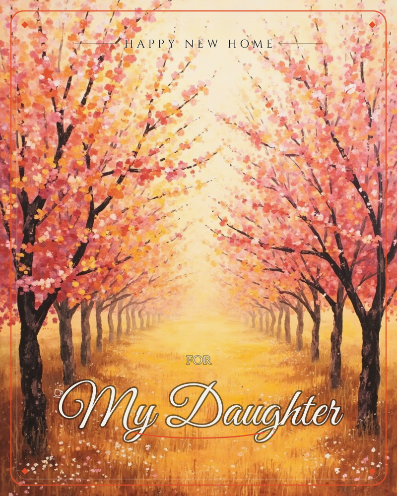 A double row of blossoming trees leans inward to form a glowing tunnel of pink and orange petals, their dark trunks lining a golden grassy path…, a new home e-card design