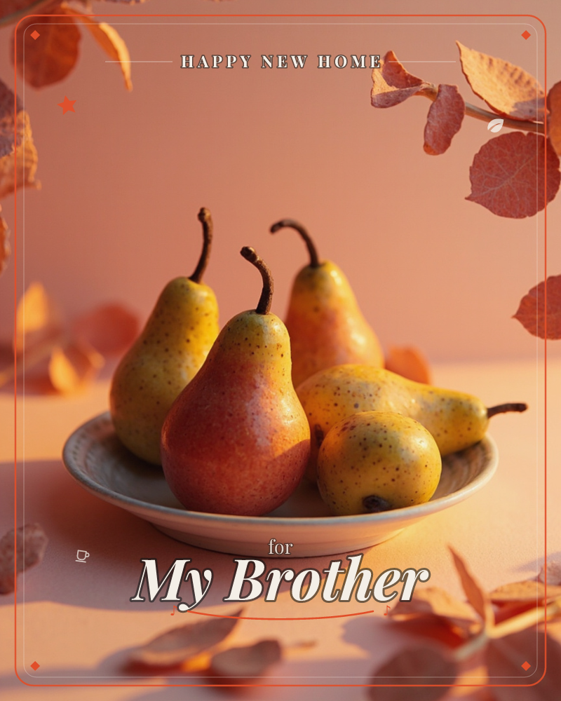 A shallow bowl of speckled yellow and blush pears sits on a peach-toned surface, lit by warm golden-hour light, a new home e-card design