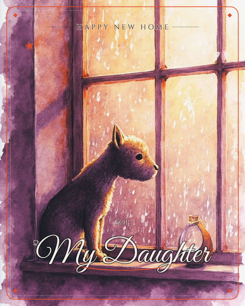 A small puppy sits on a windowsill in profile, gazing out through a rain-speckled window glowing amber and gold, a new home e-card design