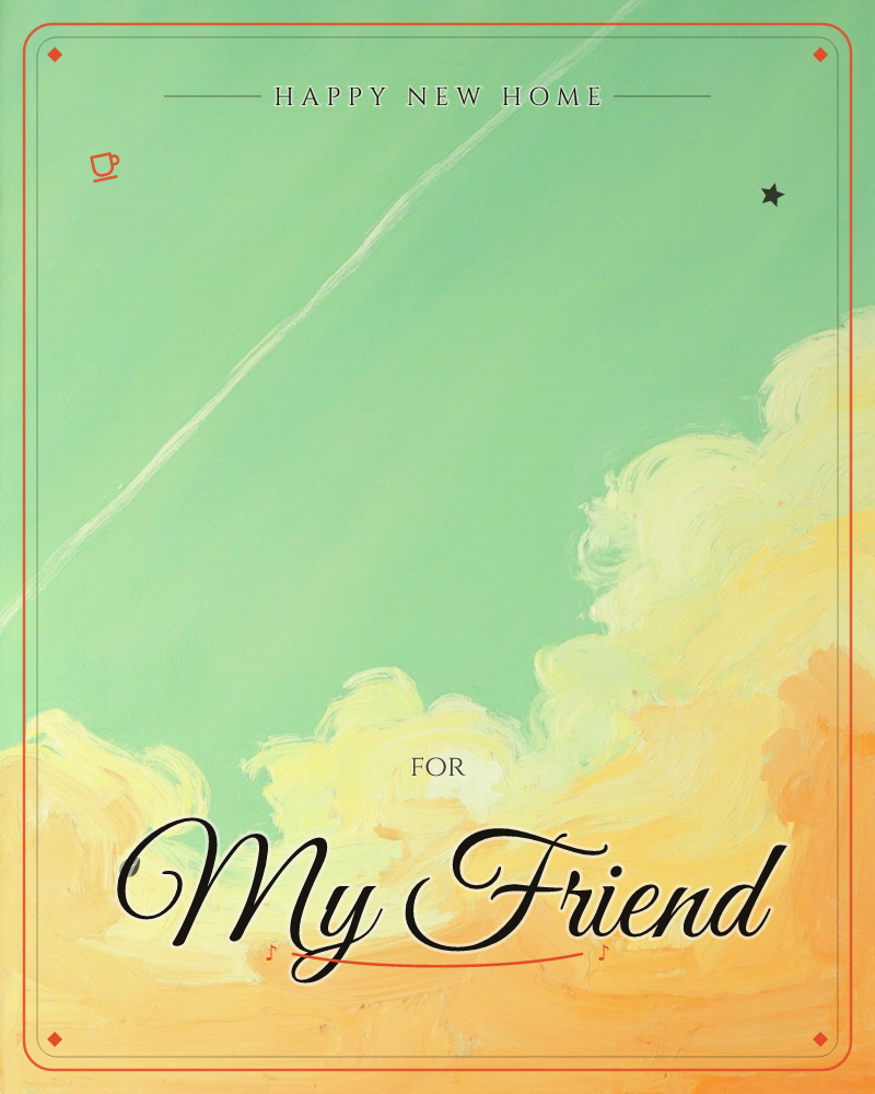 A mint-green sky is crossed by a single thin white contrail, cutting diagonally toward a billowing mass of golden-orange clouds heaped along the bottom…, a new home e-card design