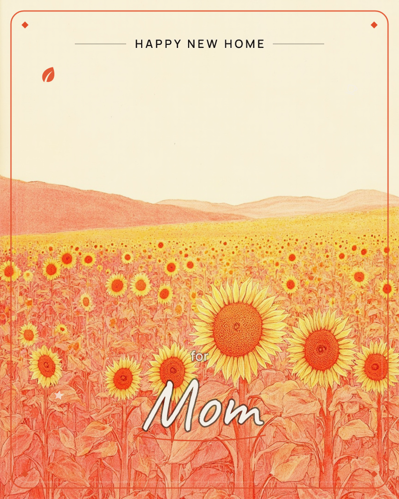 A rolling field of sunflowers stretches to soft pink hills under a wide, pale sky, a new home e-card design