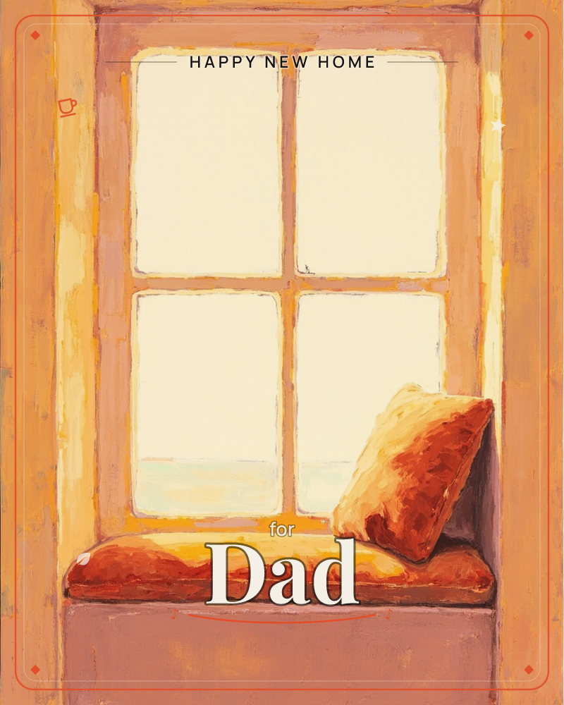 A quiet window seat glows with warm afternoon light, its four-paned window washed in soft cream and gold, a new home e-card design