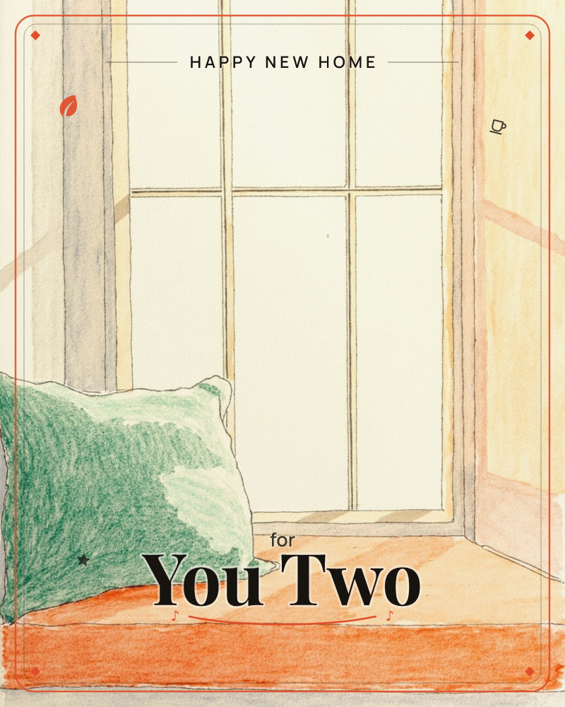 A green cushion rests on a warm wooden window seat, lit by soft light streaming through tall paned windows, a new home e-card design