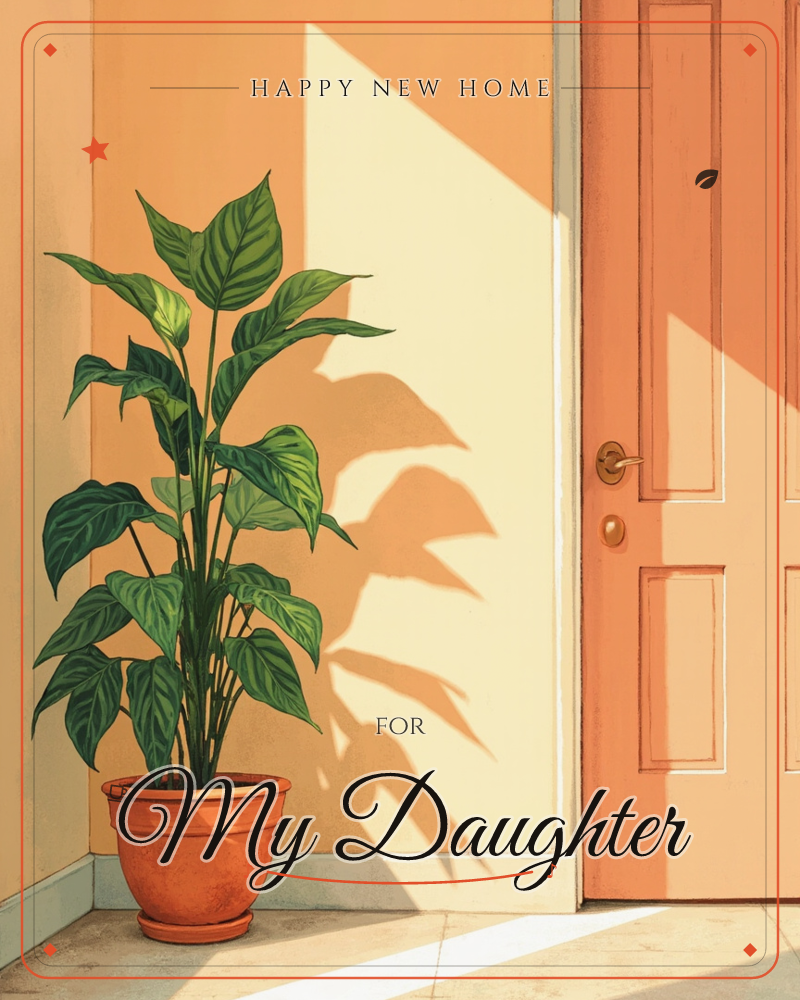 A leafy potted plant stands beside a warm terracotta-coloured door, its long shadow stretching dramatically across the sunlit wall behind it, a new home e-card design
