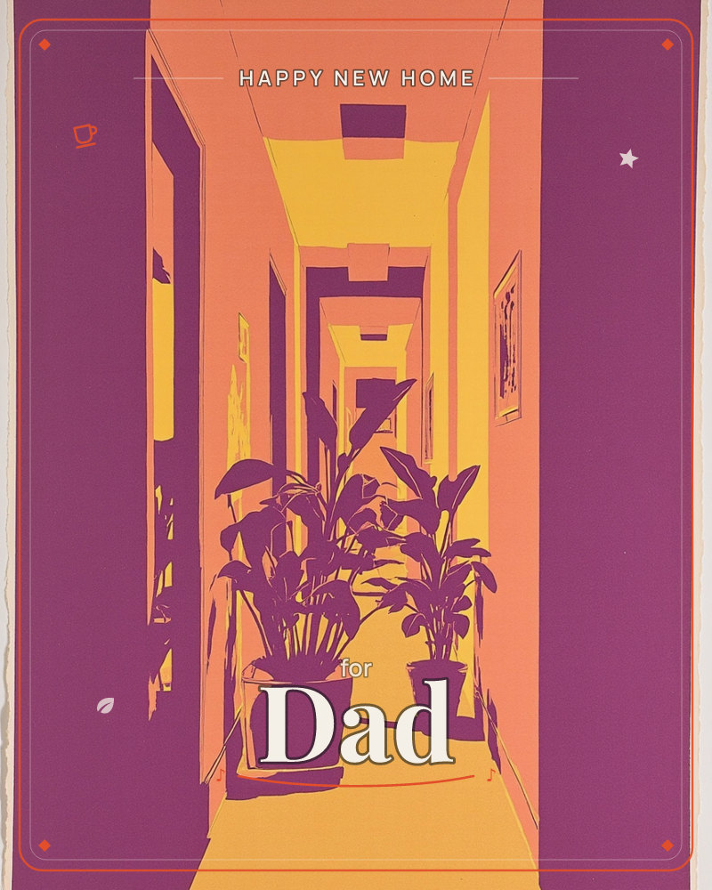 A long interior hallway stretches into the distance, rendered in bold graphic silhouette with warm orange and yellow walls glowing under recessed…, a new home e-card design