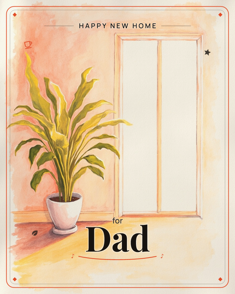 A leafy potted plant with long yellow-green fronds sits in the corner of a warmly lit room, beside a tall glass-paned door glowing white with sunlight, a new home e-card design