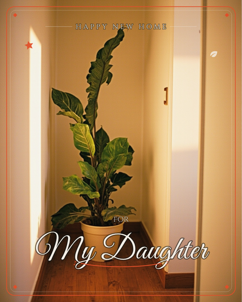 A tall potted plant with broad, variegated leaves stands in a narrow hallway corner, catching a warm slice of late-day light against cream-coloured walls, a new home e-card design