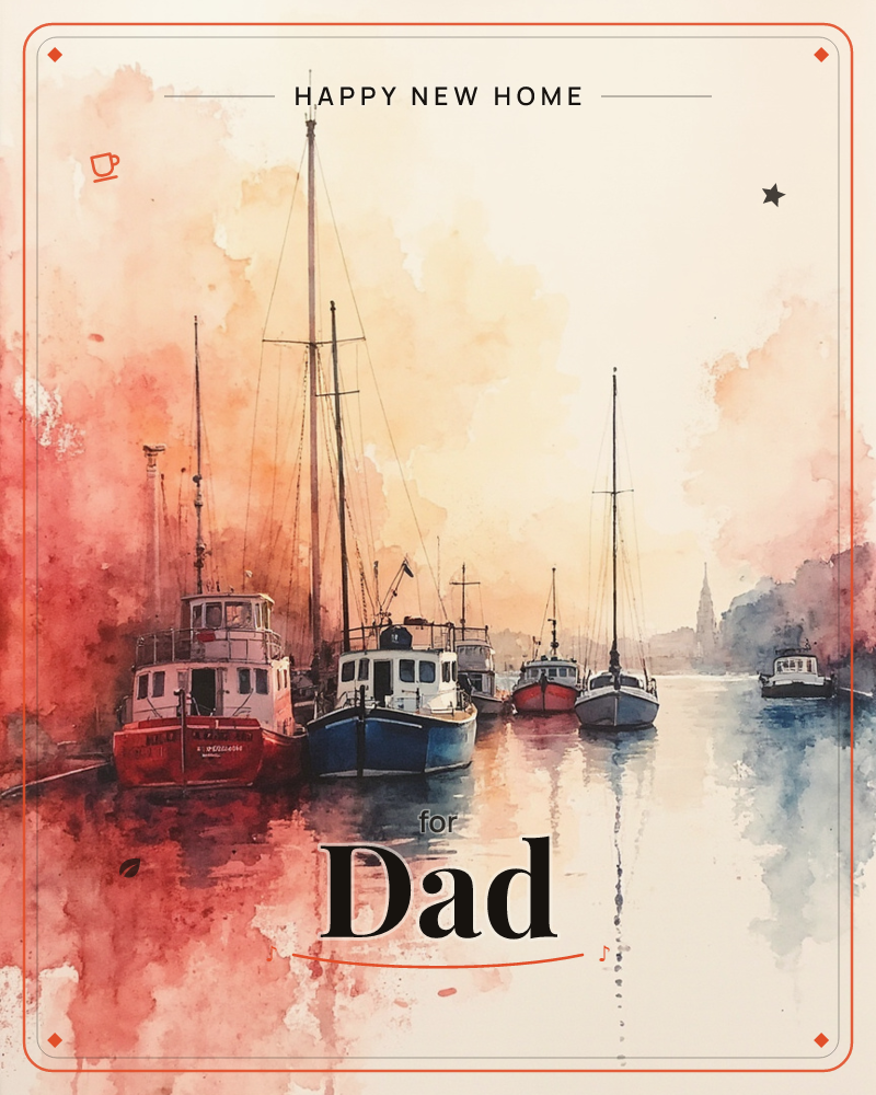 A watercolour harbour scene shows a line of fishing boats and yachts moored along a quiet quay, their masts rising against a sky washed in coral, peach…, a new home e-card design