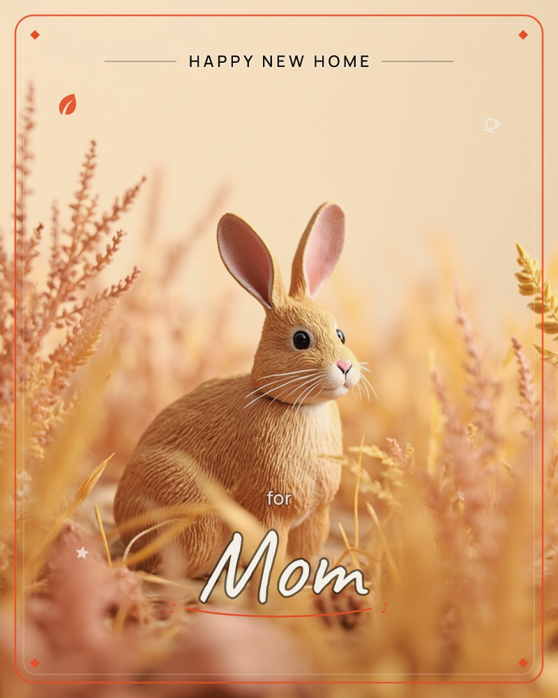 A small tan rabbit sits alert among tall dried grasses and wheat-like stalks, its ears raised and nose catching the light, a new home e-card design