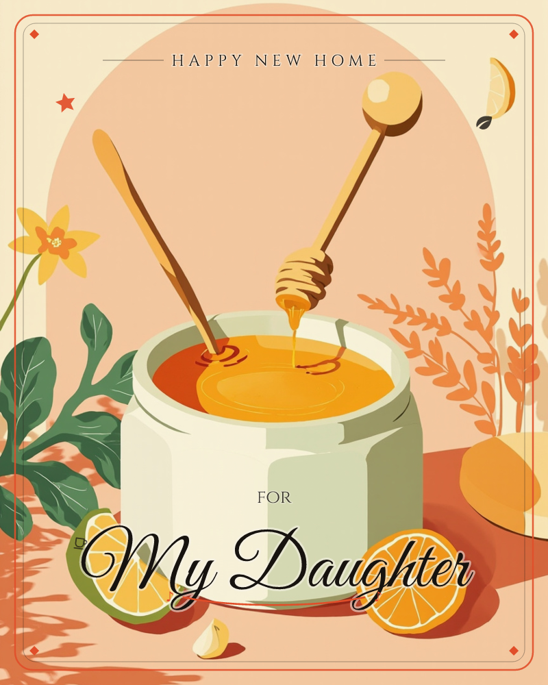 A stylised jar of golden honey sits centre stage with a wooden dipper resting inside, drizzling a slow amber thread back into the pot, a new home e-card design