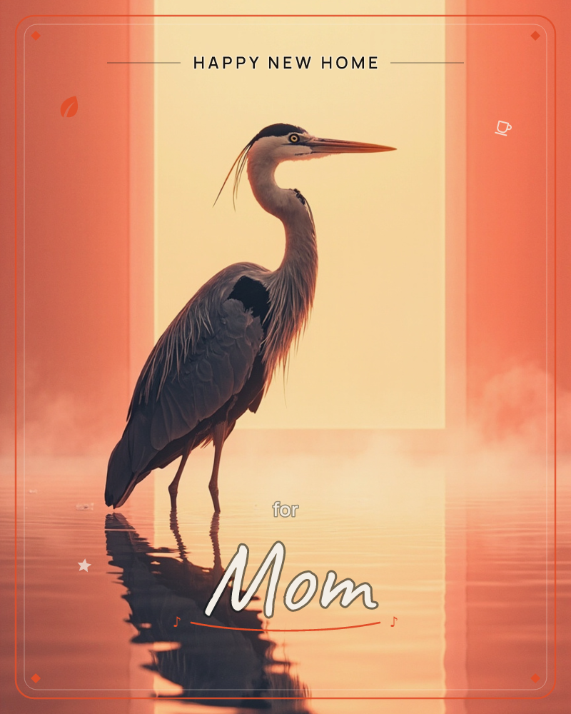 A great blue heron stands motionless in still, misty water, its long neck curved in a graceful S against a glowing coral-and-cream backdrop framed like…, a new home e-card design