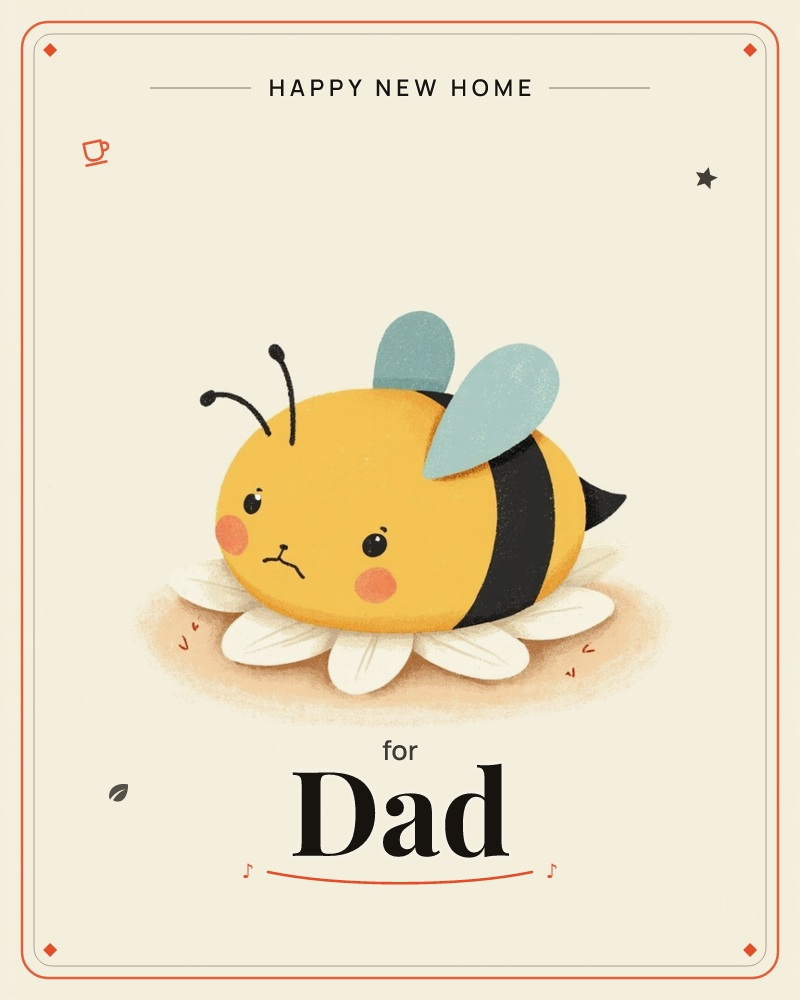 A round, plump bumblebee with a worried little frown sits perched on a white daisy against a soft cream background, a new home e-card design