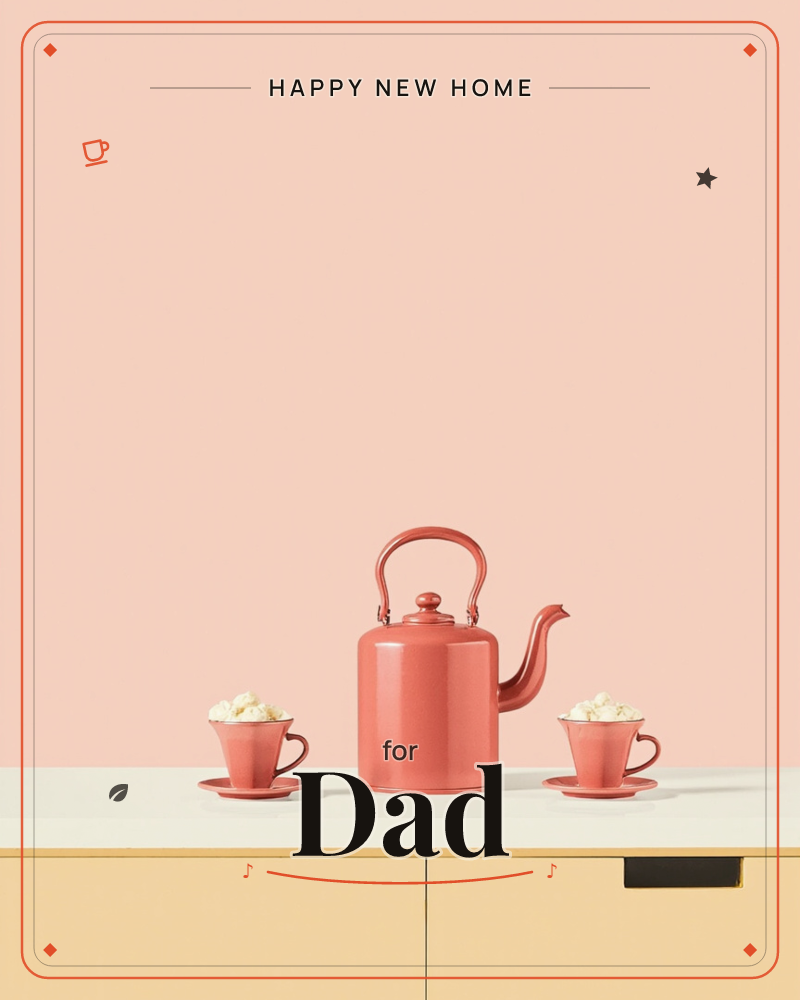 A glossy coral-pink kettle sits on a pale countertop between two matching cups filled with a light, whipped topping, all lit by a soft spotlight…, a new home e-card design
