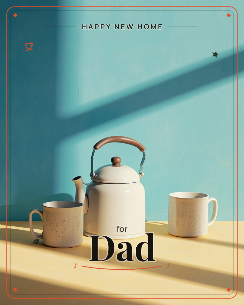 A cream enamel kettle with a wooden handle stands between two speckled stoneware mugs on a pale tabletop, set against a teal wall, a new home e-card design
