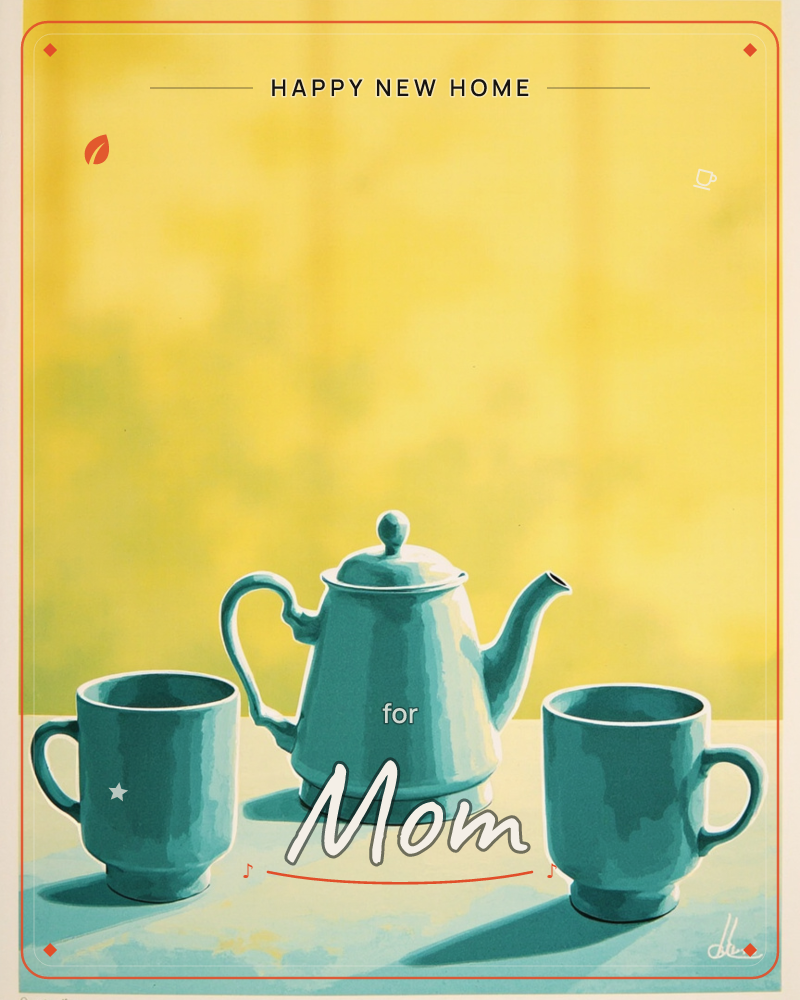 A teal ceramic teapot sits between two matching mugs on a plain tabletop, glowing against a warm mustard-yellow backdrop, a new home e-card design