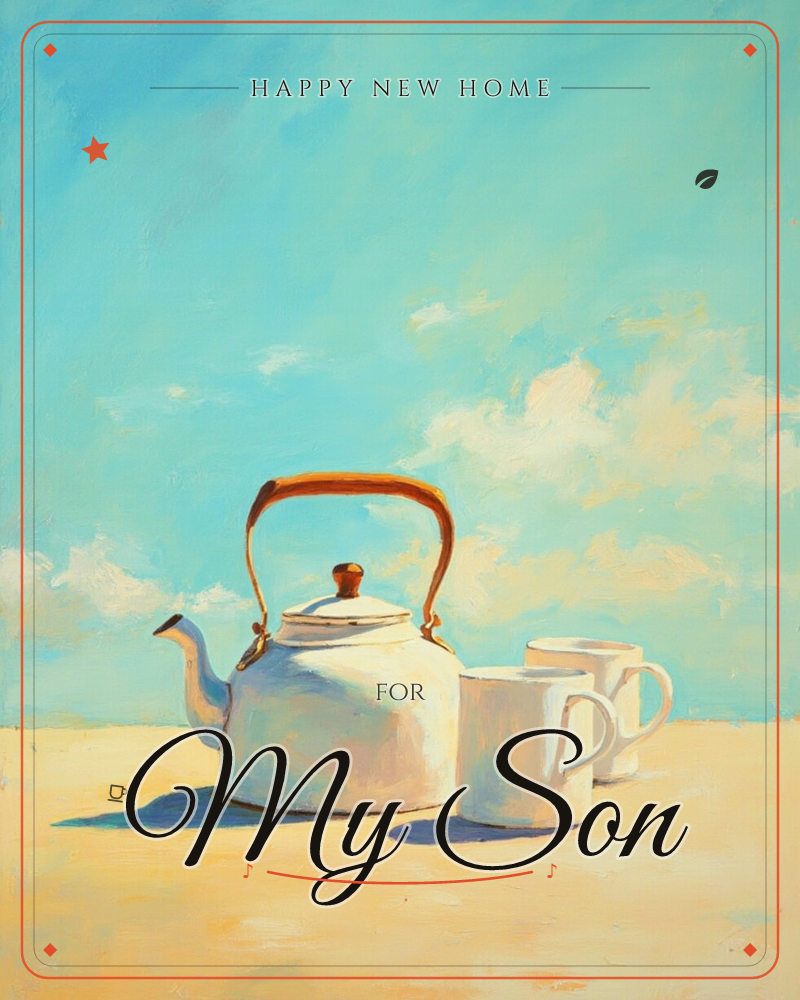 A white enamel kettle with a wooden handle stands beside two plain mugs on a sunlit sandy surface, set against a wide sky of turquoise blue and soft…, a new home e-card design
