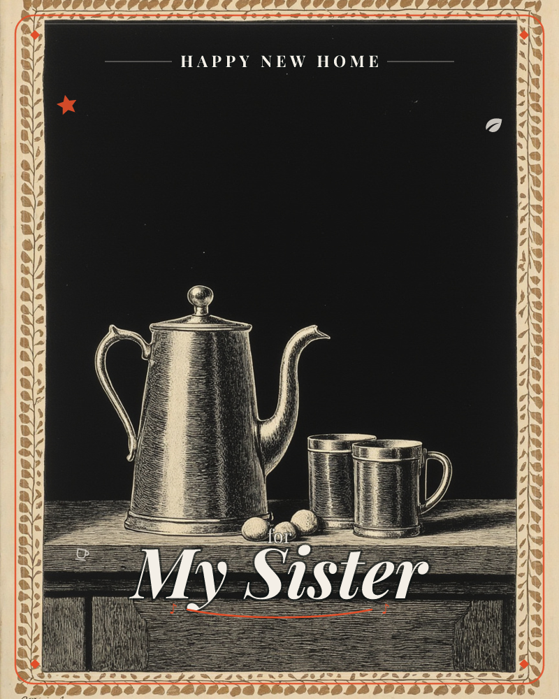 A finely engraved still life shows a tall pewter coffee pot flanked by two matching tankards and three small eggs, all resting on a wooden tabletop…, a new home e-card design