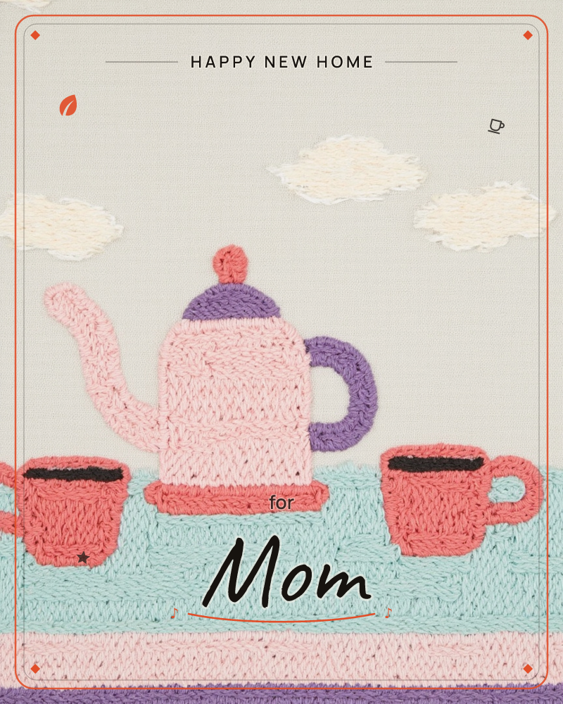 An embroidered illustration of a pink teapot with a lavender lid and handle, sitting on a mint-striped tabletop between two coral mugs of coffee, with…, a new home e-card design
